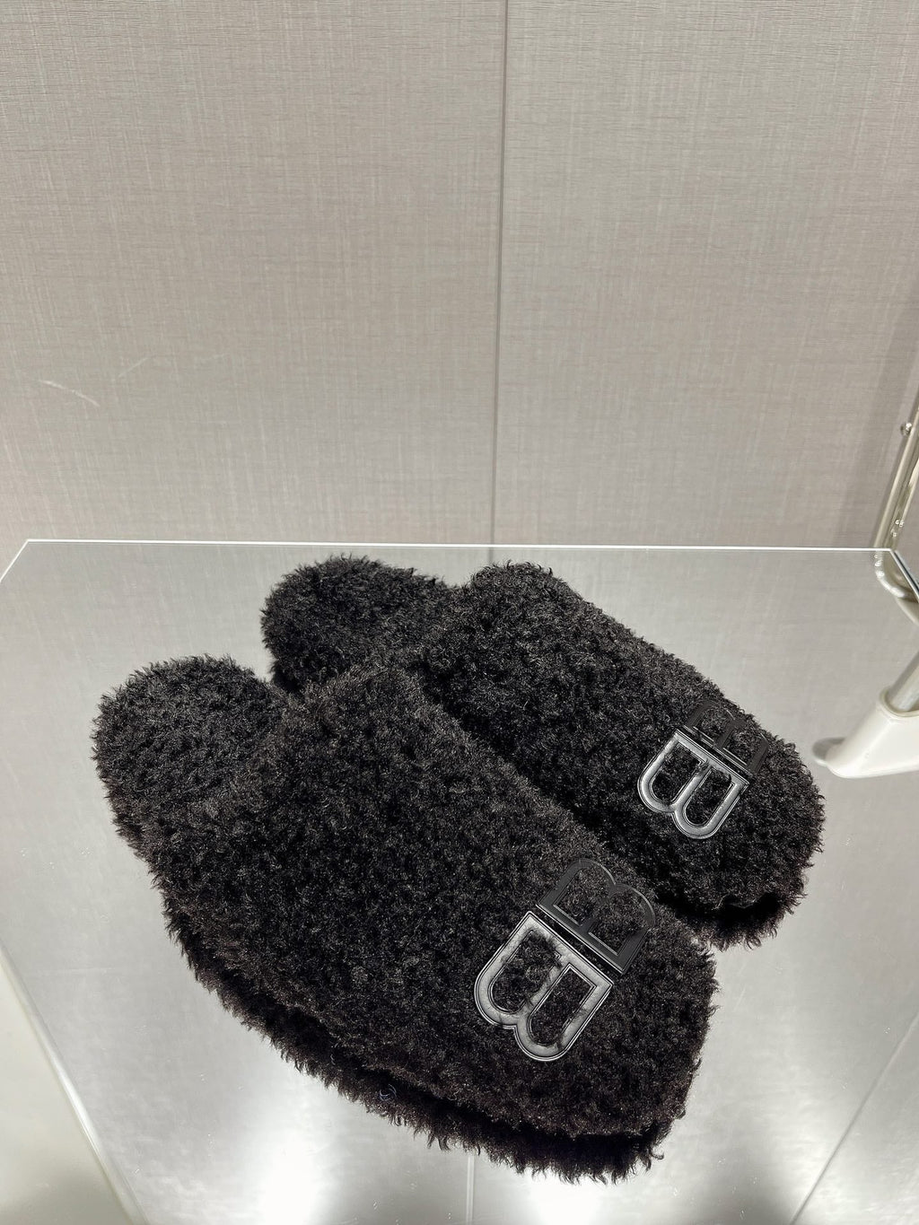 BALENCIAGA 25S MULES IN BLACK WOOL WITH LOGO