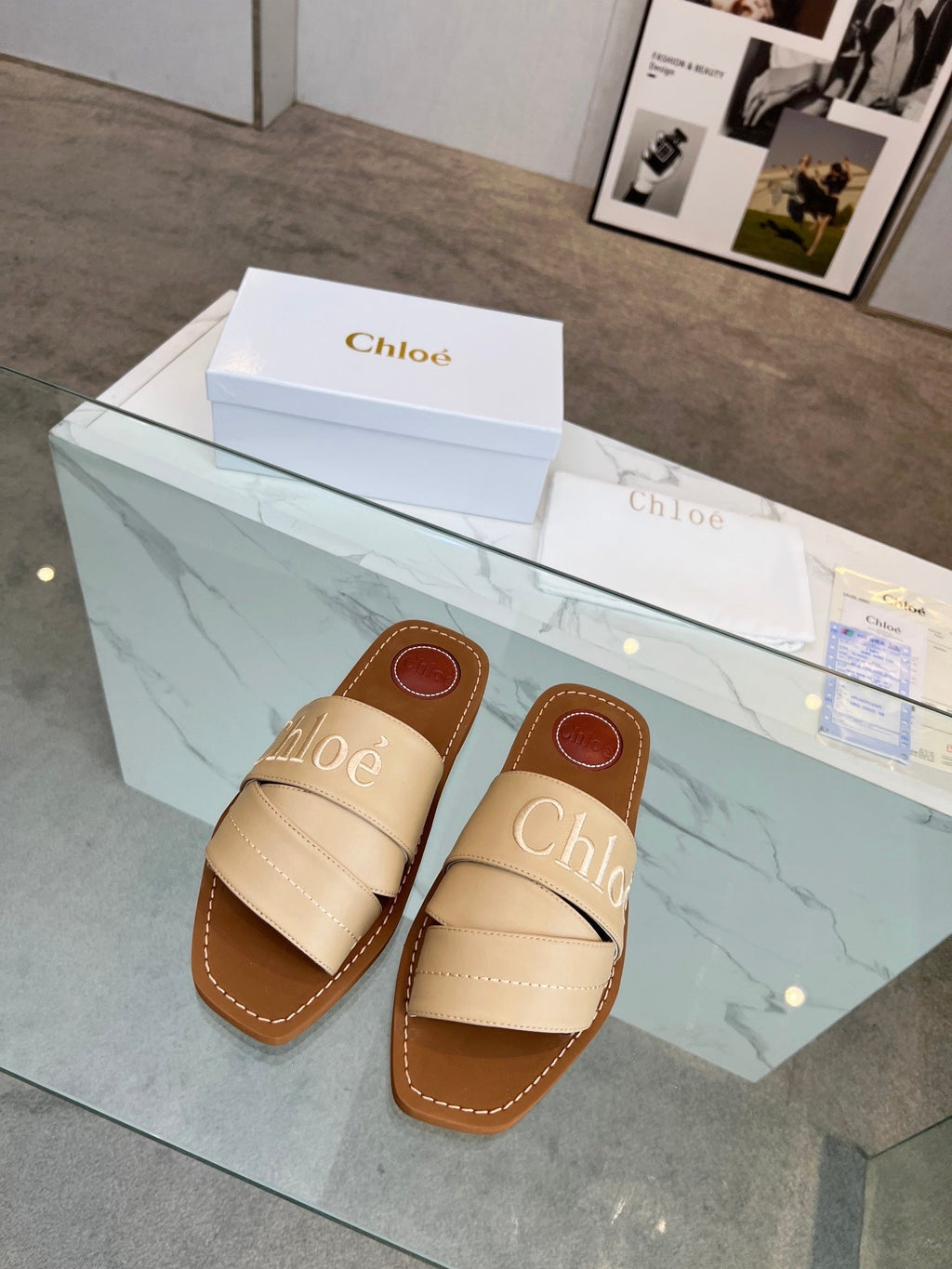 WOODY MULE IN TUSCAN BEIGE LAMBSKIN WITH EMBROIDERED LOGO