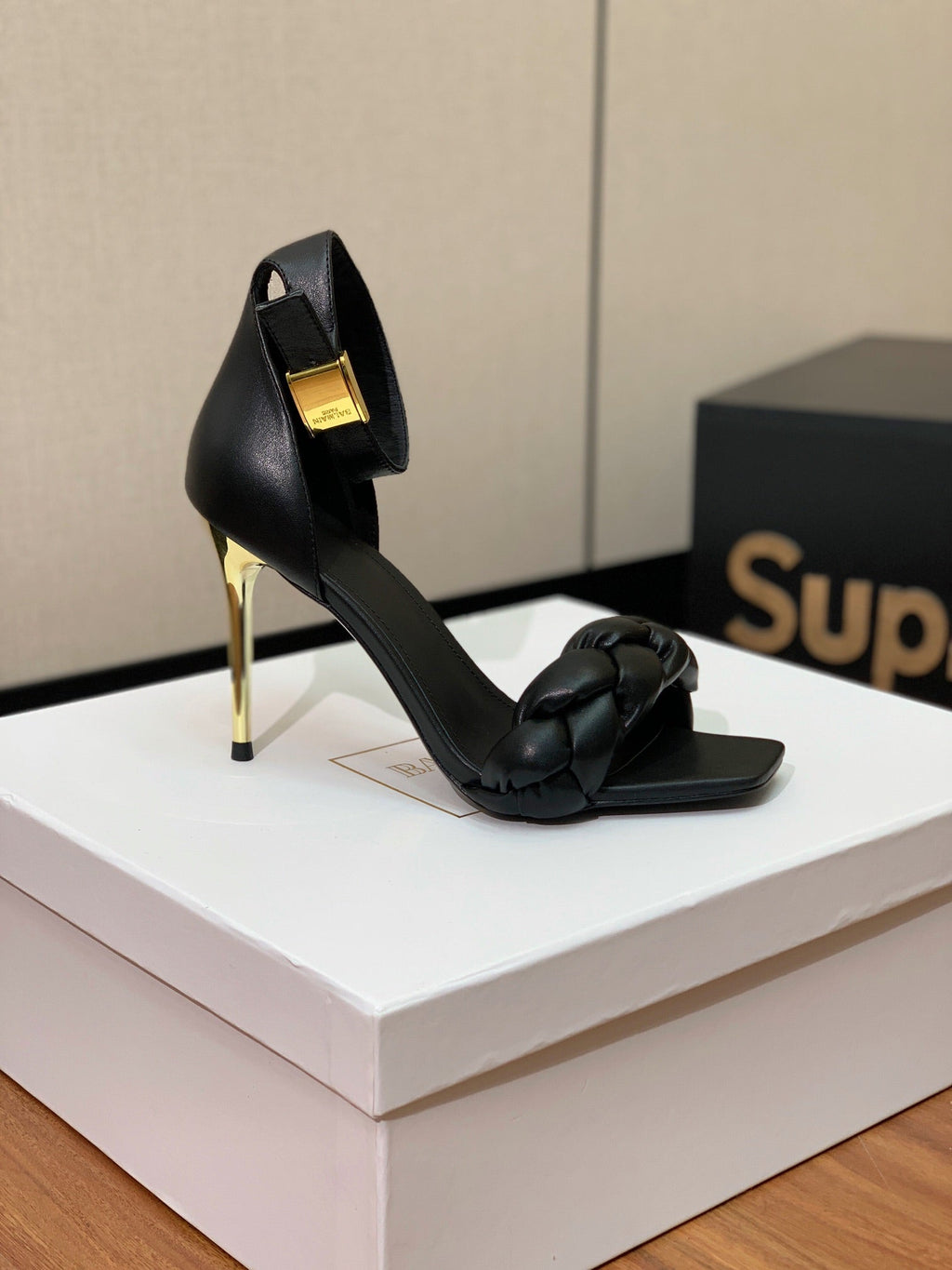 BALMAIN 25S ANKLE STRAP HIGH HEEL 95MM IN BLACK CALFSKIN