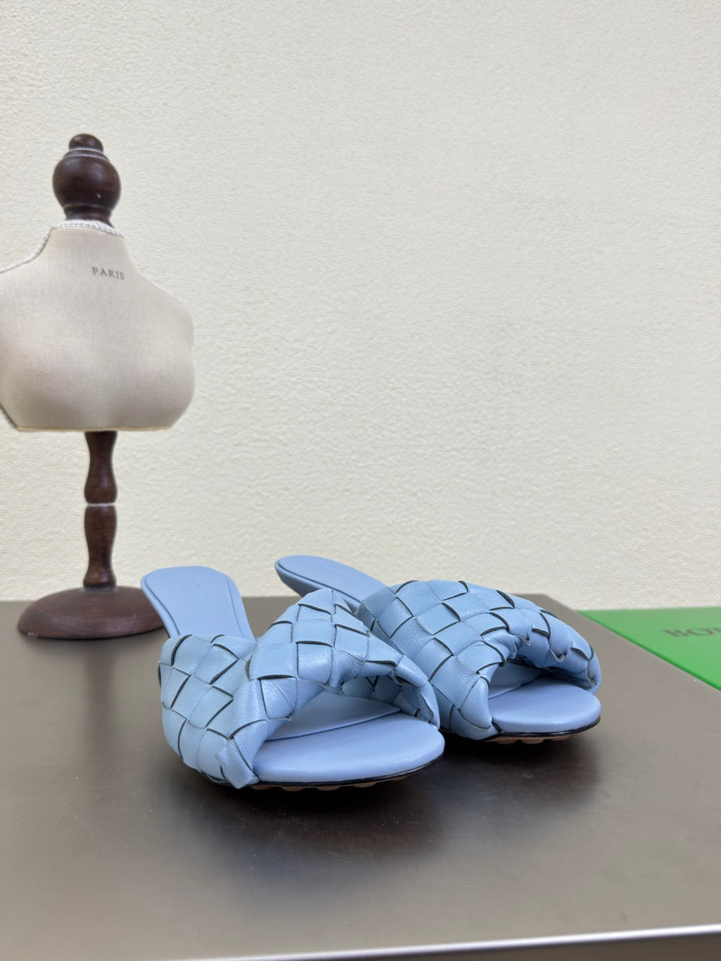 BOTTEGA VENETA BLINK HIGH 5 CM MULE IN CERULEAN BLUE INTRECCIATO LEATHER