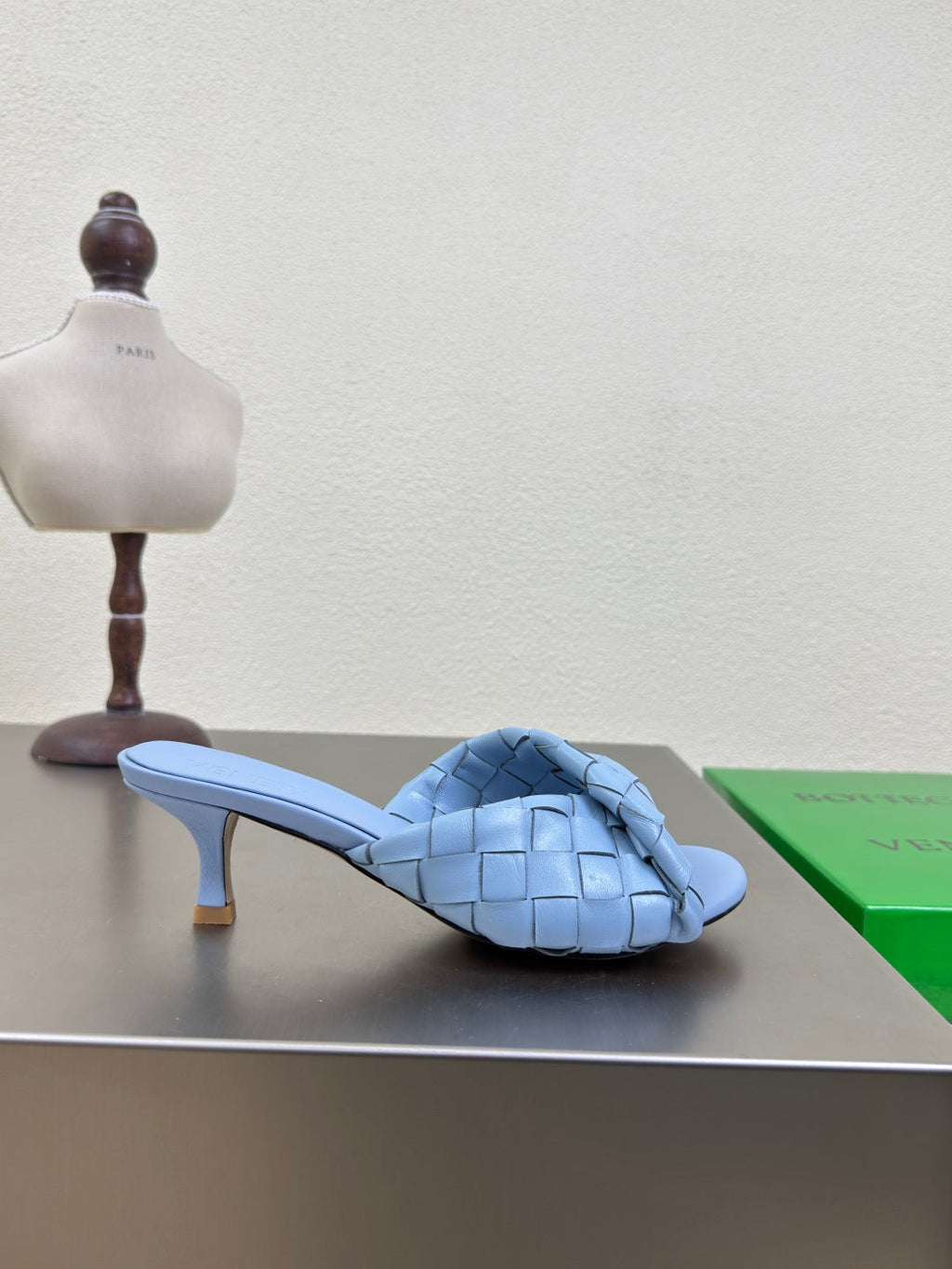 BOTTEGA VENETA BLINK HIGH 5 CM MULE IN CERULEAN BLUE INTRECCIATO LEATHER