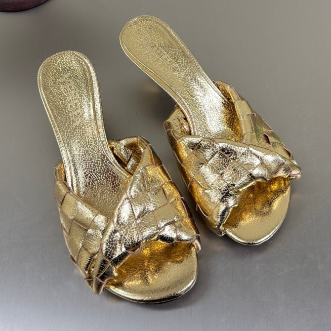 BOTTEGA VENETA BLINK HIGH 5 CM MULE IN GOLD INTRECCIATO LEATHER