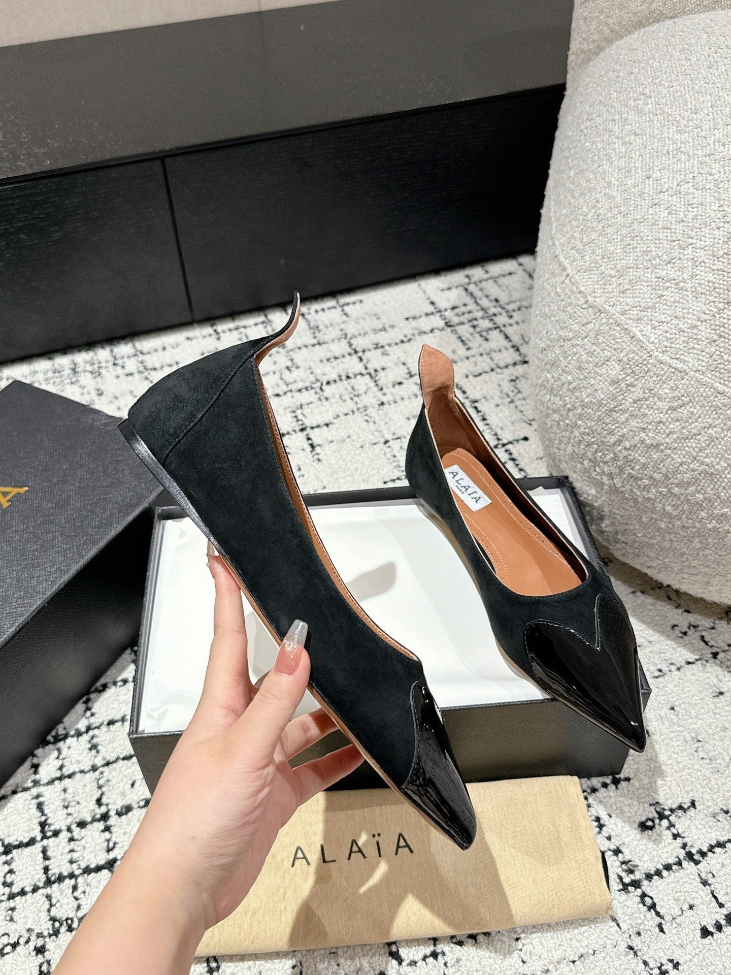 ALAIA PUMP 1 CM IN BLACK SUEDE MIX BLACK CALFSKIN
