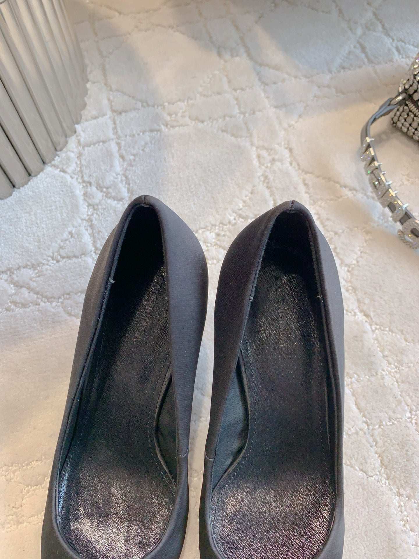 BALENCIAGA 25S POINTED-TOE HIGH HEELS 70 MM IN BLACK SATIN WITH GOLD HARDWARE