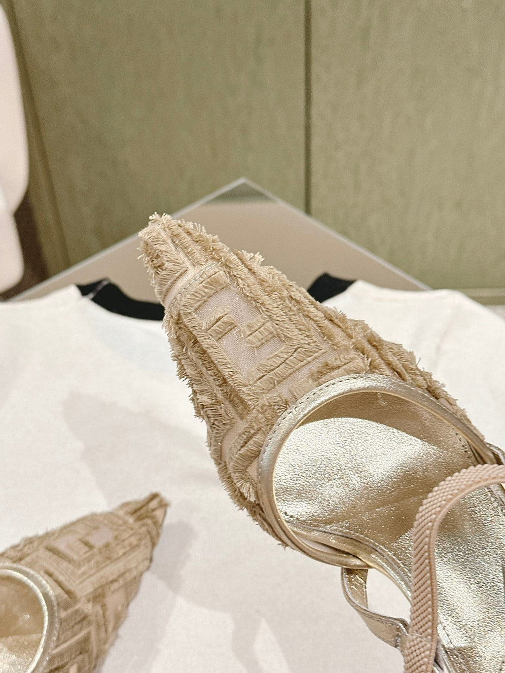 FENDI COLIBRÌ HIGH-HEELED SLINGBACKS 75MM IN LIGHT GOLD FABRIC