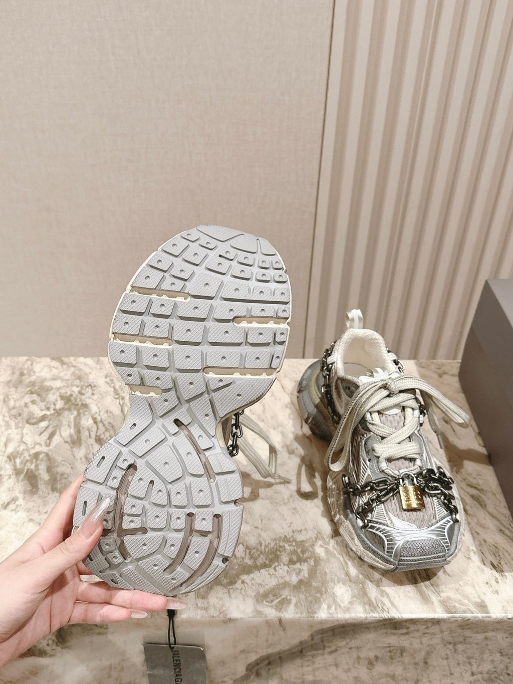 BALENCIAGA 25S 3XL SNEAKERS CHAIN-PADLOCK IN BEIGE MESH FABRIC AND SILVER PU