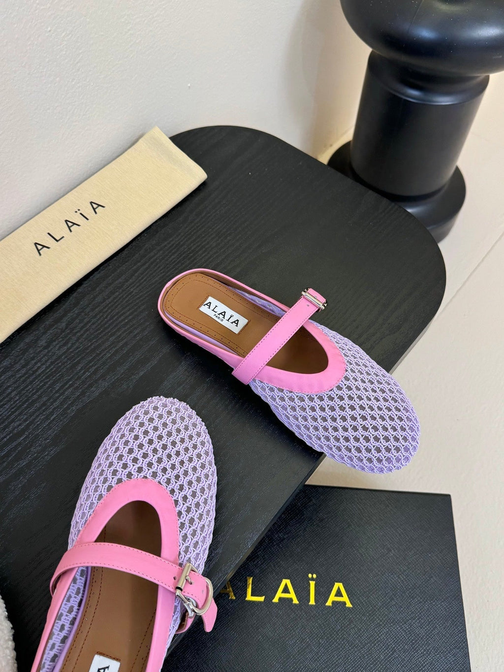 ALAIA FLAT MULES 25S IN PURPLE MIX PINK WOVEN MESH