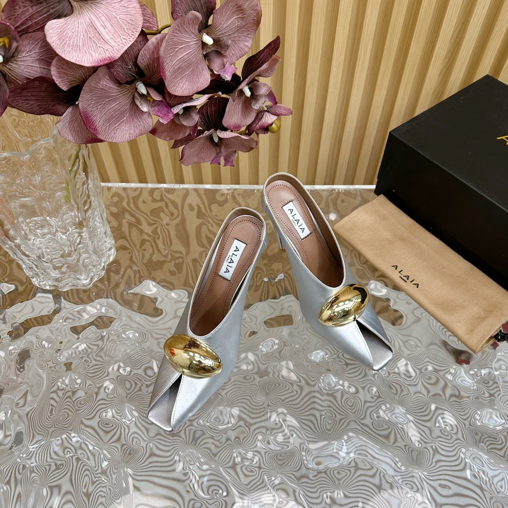 ALAIA AZZEDINE HIGH HEELS IN SILVER CALFSKIN WITH GOLD HARDWARE