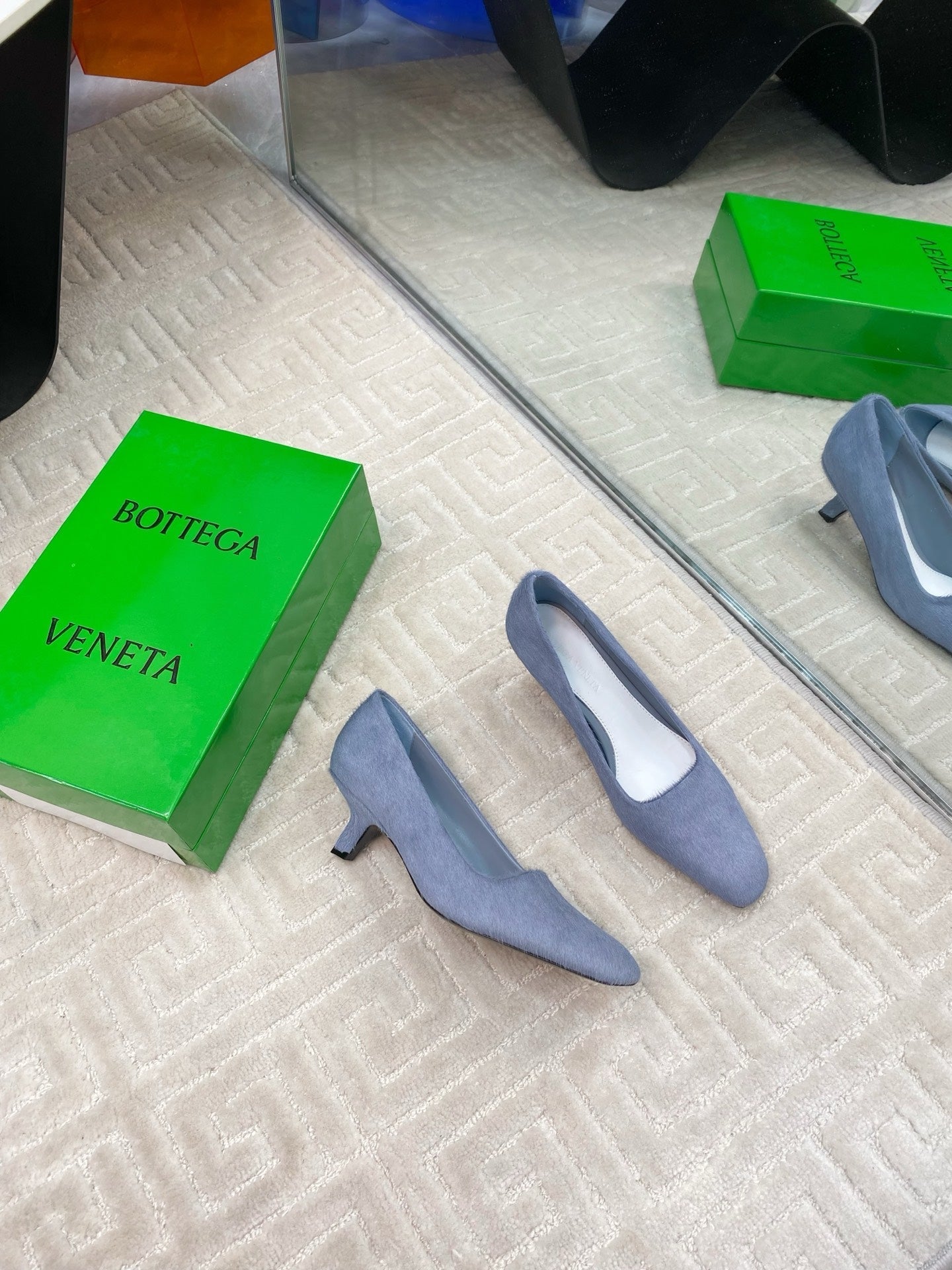 BOTTEGA VENETA BOOGIE JAGUAR-PRINTED CALF HAIR PUMPS 45 MM PIGEON BLUE