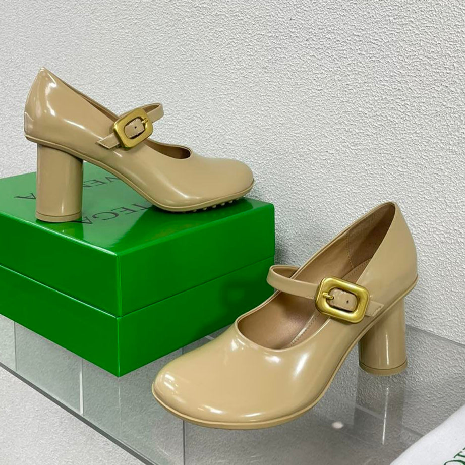 BOTTEGA VENETA ATOMIC MARY-JANE PUMP 9 CM IN BISQUE BEIGE CALFSKIN