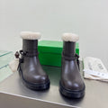BOTTEGA VENETA 26S FUR-LINED BOOTS IN DARK BROWN CALFSKIN AND WHITE WOOL