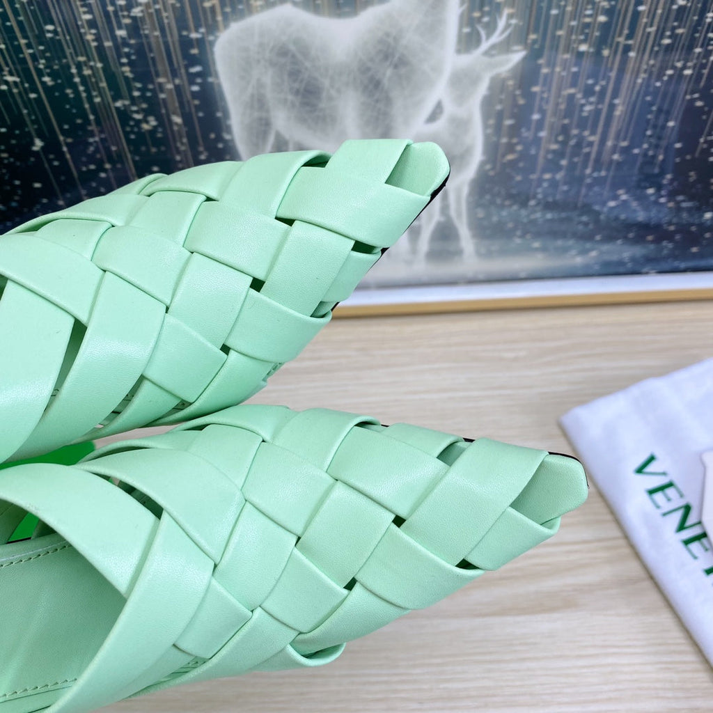 BOTTEGA VENETA ALFIE LEATHER HIGH MULES IN GREEN MINT CALFSKIN WITH WOVEN DESIGN