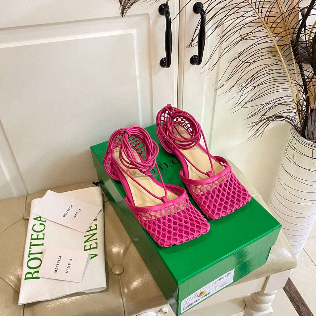 BOTTEGA VENETA STRETCH LACE-UP FLAT SANDAL IN BRIGHT PINK METALLIZED MESH AND LEATHER
