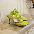 BOTTEGA VENETA STRETCH LACE-UP SANDAL IN NEON GREEN METALLIZED MESH AND LEATHER 9 CM