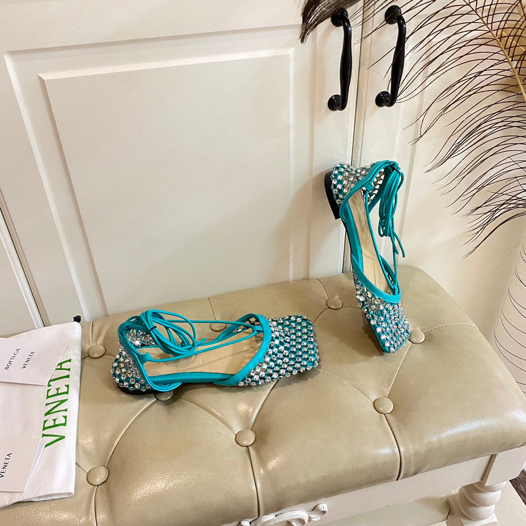BOTTEGA VENETA LACE-UP FLAT SANDAL IN CERULEAN BLUE METALLIZED MESH AND LEATHER WITH RHINSTONES