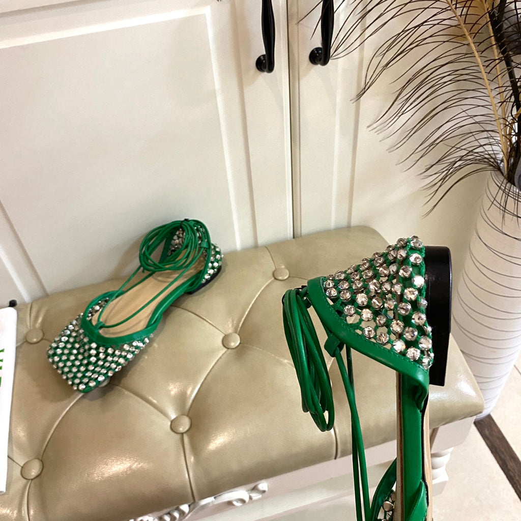 BOTTEGA VENETA LACE-UP FLAT SANDAL IN COOL GREEN METALLIZED MESH AND LEATHER WITH RHINSTONES