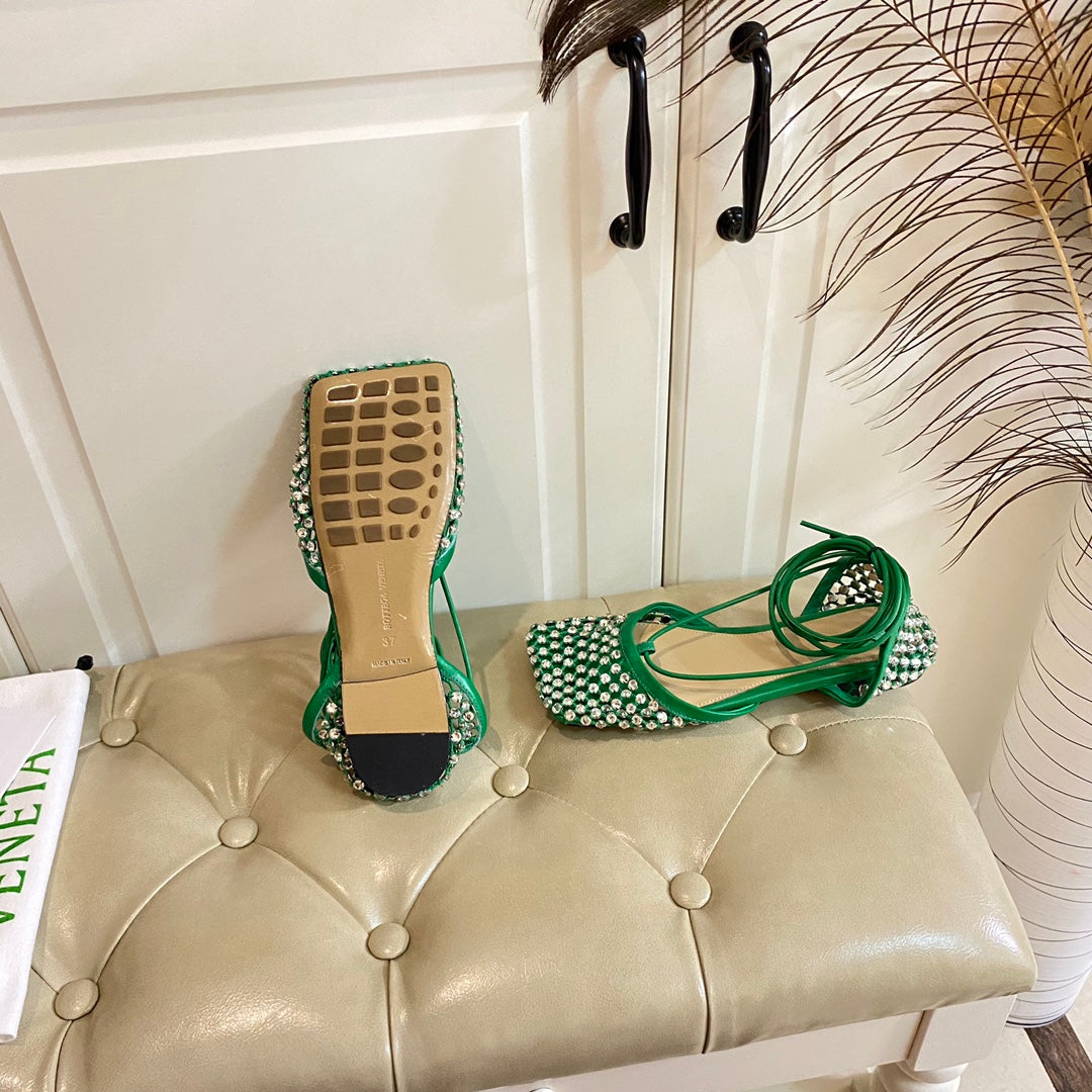 BOTTEGA VENETA LACE-UP FLAT SANDAL IN COOL GREEN METALLIZED MESH AND LEATHER WITH RHINSTONES
