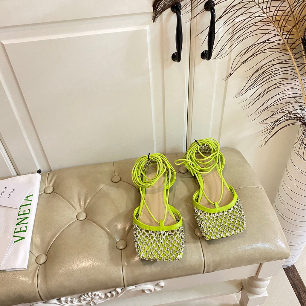 BOTTEGA VENETA LACE-UP FLAT SANDAL IN NEON YELLOW METALLIZED MESH AND LEATHER WITH RHINSTONES