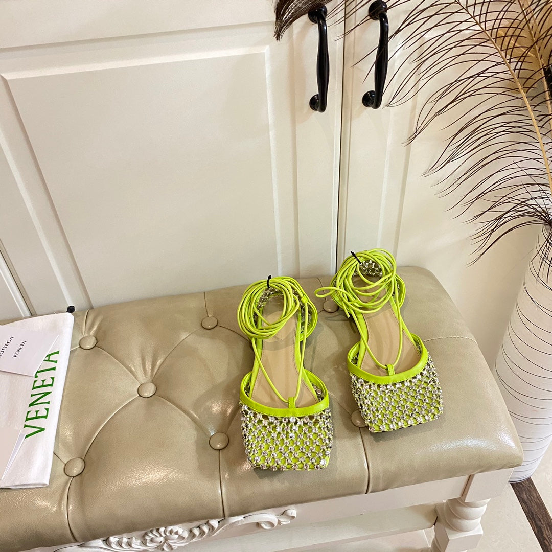 BOTTEGA VENETA LACE-UP FLAT SANDAL IN NEON YELLOW METALLIZED MESH AND LEATHER WITH RHINSTONES