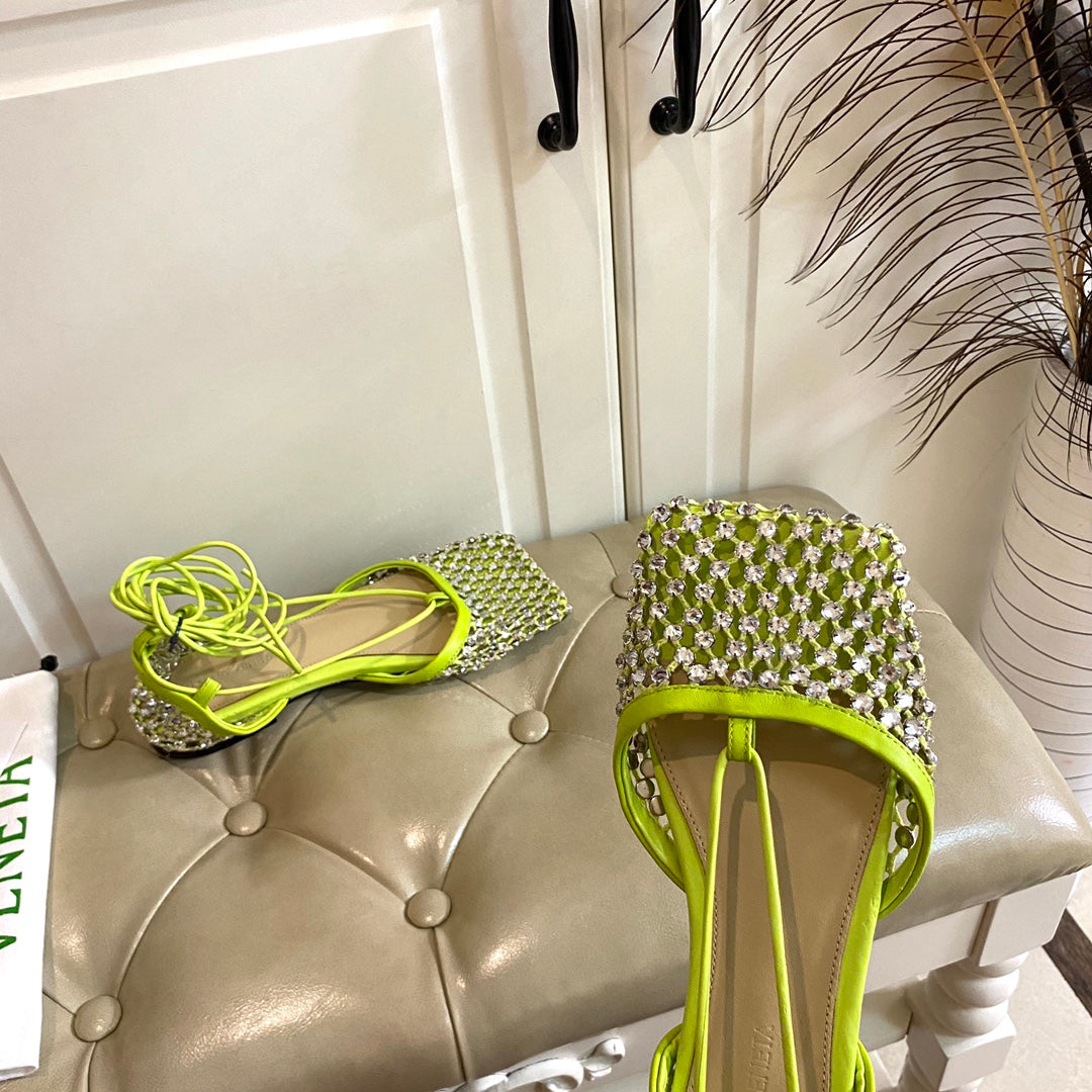 BOTTEGA VENETA LACE-UP FLAT SANDAL IN NEON YELLOW METALLIZED MESH AND LEATHER WITH RHINSTONES