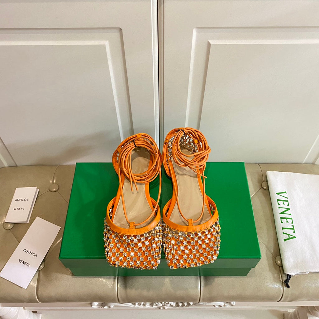 BOTTEGA VENETA LACE-UP FLAT SANDAL IN VIVID ORANGE METALLIZED MESH AND LEATHER WITH RHINSTONES