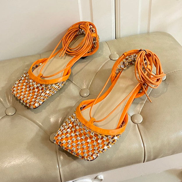 BOTTEGA VENETA LACE-UP FLAT SANDAL IN VIVID ORANGE METALLIZED MESH AND LEATHER WITH RHINSTONES