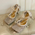 BOTTEGA VENETA LACE-UP SANDAL IN WHITE CREAM METALLIZED MESH AND LEATHER WITH RHINSTONES 9 CM