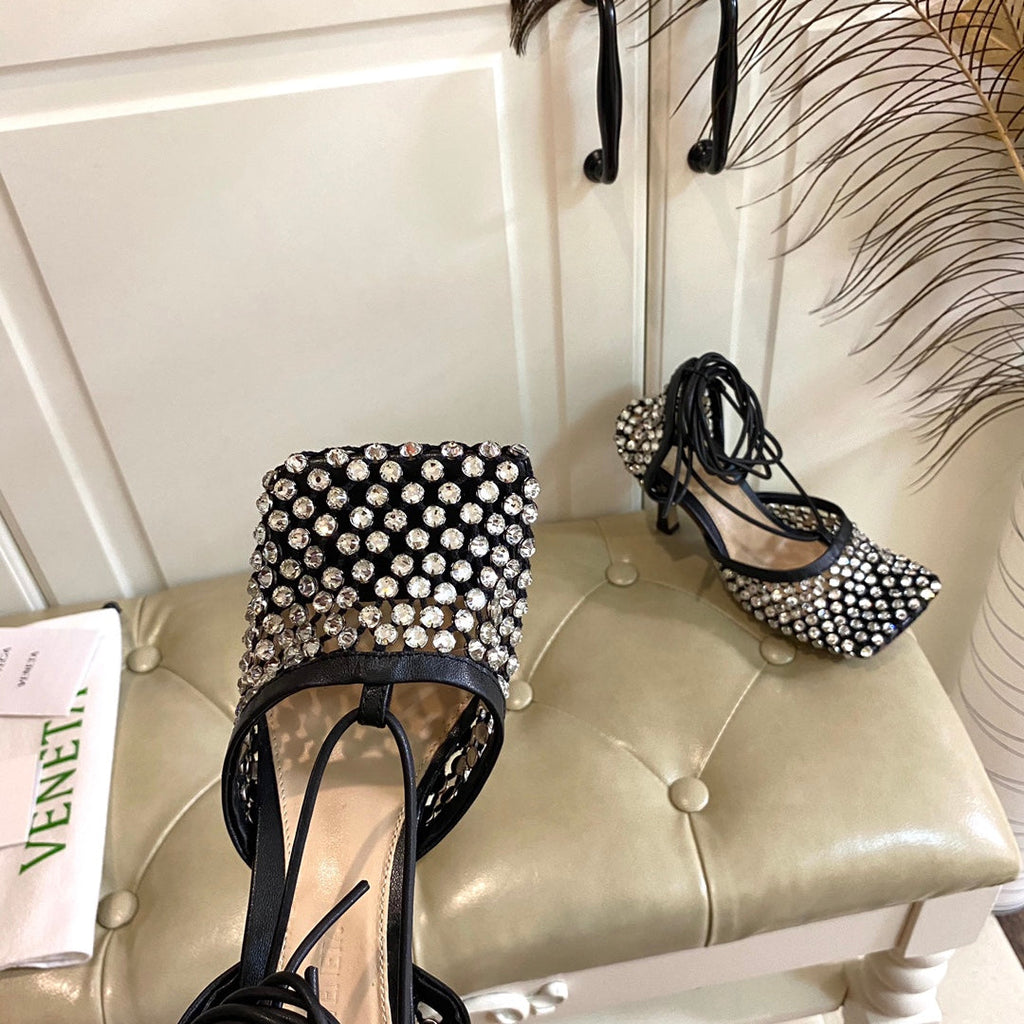 BOTTEGA VENETA LACE-UP SANDAL IN BLACK METALLIZED MESH AND LEATHER WITH RHINSTONES 9 CM