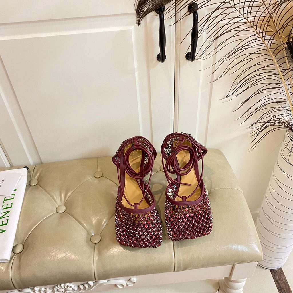 BOTTEGA VENETA LACE-UP SANDAL IN SANGRIA RED METALLIZED MESH AND LEATHER WITH RHINSTONES 9 CM