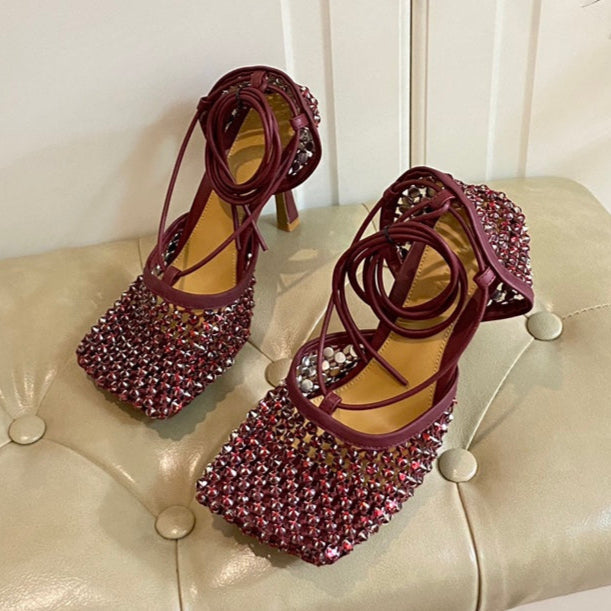 BOTTEGA VENETA LACE-UP SANDAL IN SANGRIA RED METALLIZED MESH AND LEATHER WITH RHINSTONES 9 CM