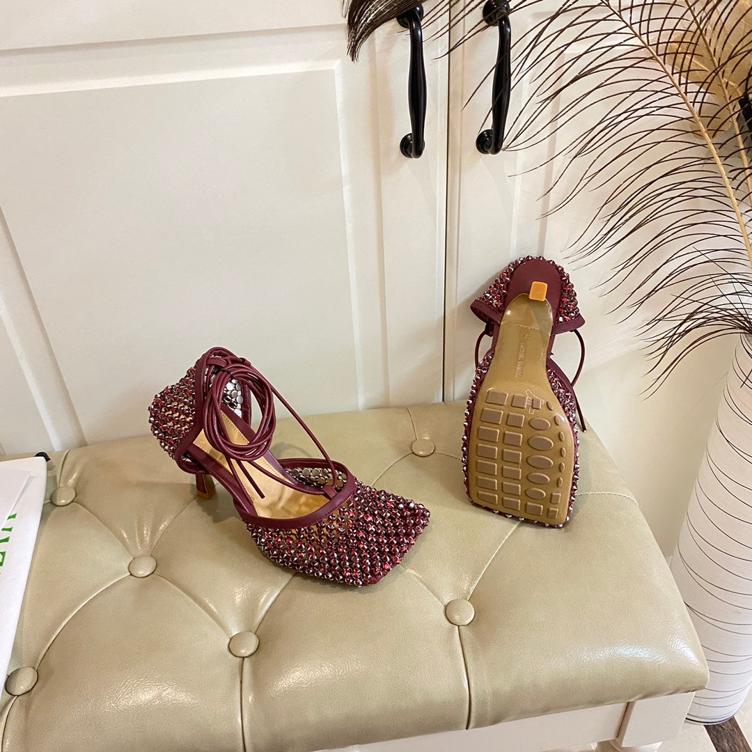 BOTTEGA VENETA LACE-UP SANDAL IN SANGRIA RED METALLIZED MESH AND LEATHER WITH RHINSTONES 9 CM