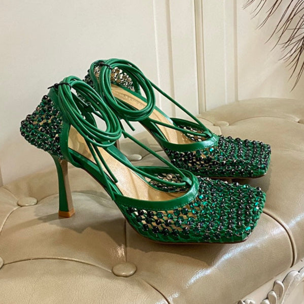 BOTTEGA VENETA LACE-UP SANDAL IN COOL GREEN METALLIZED MESH AND LEATHER WITH RHINSTONES 9 CM