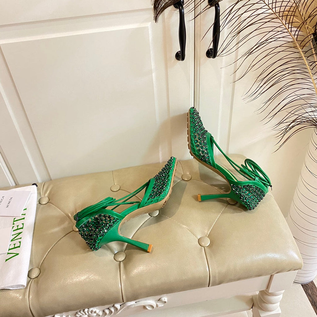 BOTTEGA VENETA LACE-UP SANDAL IN COOL GREEN METALLIZED MESH AND LEATHER WITH RHINSTONES 9 CM