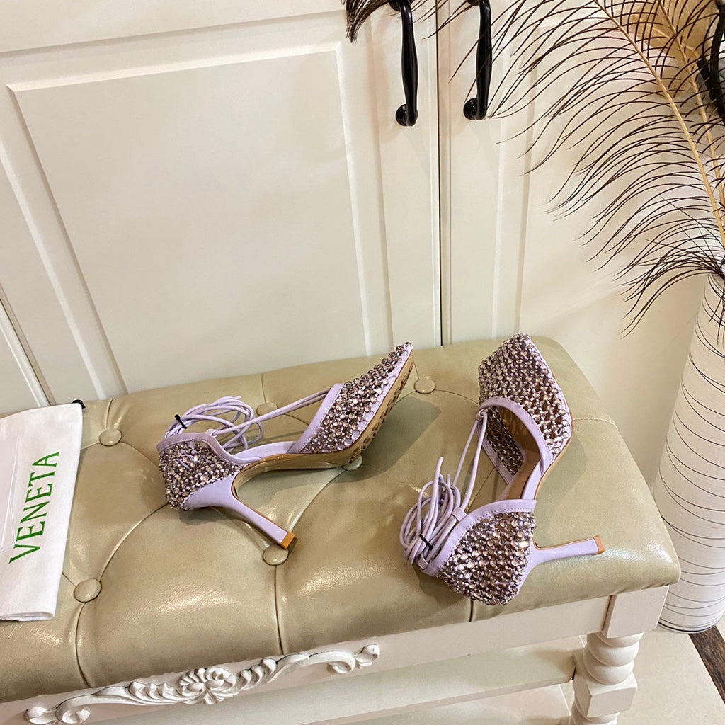 BOTTEGA VENETA LACE-UP SANDAL IN LIGHT PURPLE METALLIZED MESH AND LEATHER WITH RHINSTONES 9 CM