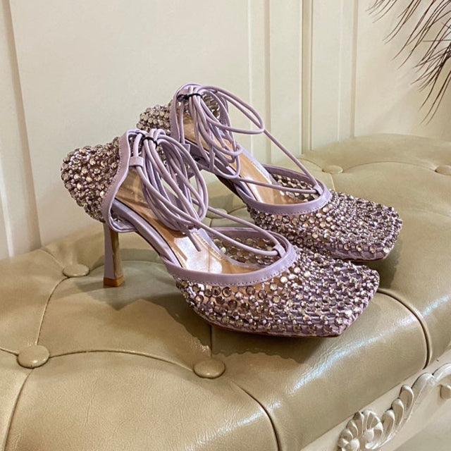 BOTTEGA VENETA LACE-UP SANDAL IN LIGHT PURPLE METALLIZED MESH AND LEATHER WITH RHINSTONES 9 CM
