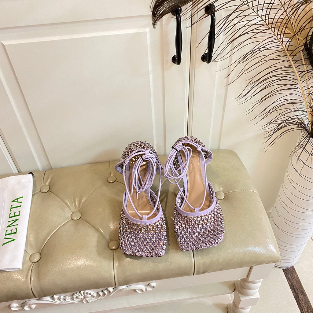 BOTTEGA VENETA LACE-UP SANDAL IN LIGHT PURPLE METALLIZED MESH AND LEATHER WITH RHINSTONES 9 CM