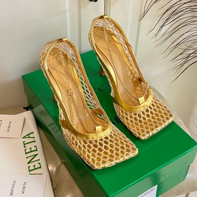 BOTTEGA VENETA STRETCH LACE-UP SANDAL IN GOLD METALLIZED MESH AND LEATHER 9 CM