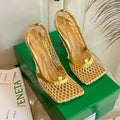 BOTTEGA VENETA STRETCH LACE-UP SANDAL IN GOLD METALLIZED MESH AND LEATHER 9 CM