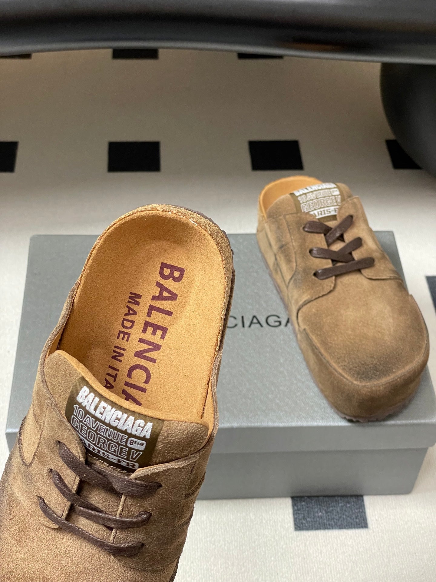 BALENCIAGA 25S MULES BIRKENSTOCK IN CARAMEL BROWN SUEDE