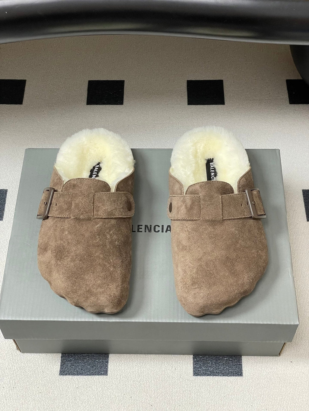 BALENCIAGA 25S FUR-LINED MULES IN EARTH BROWN FAUX LEATHER