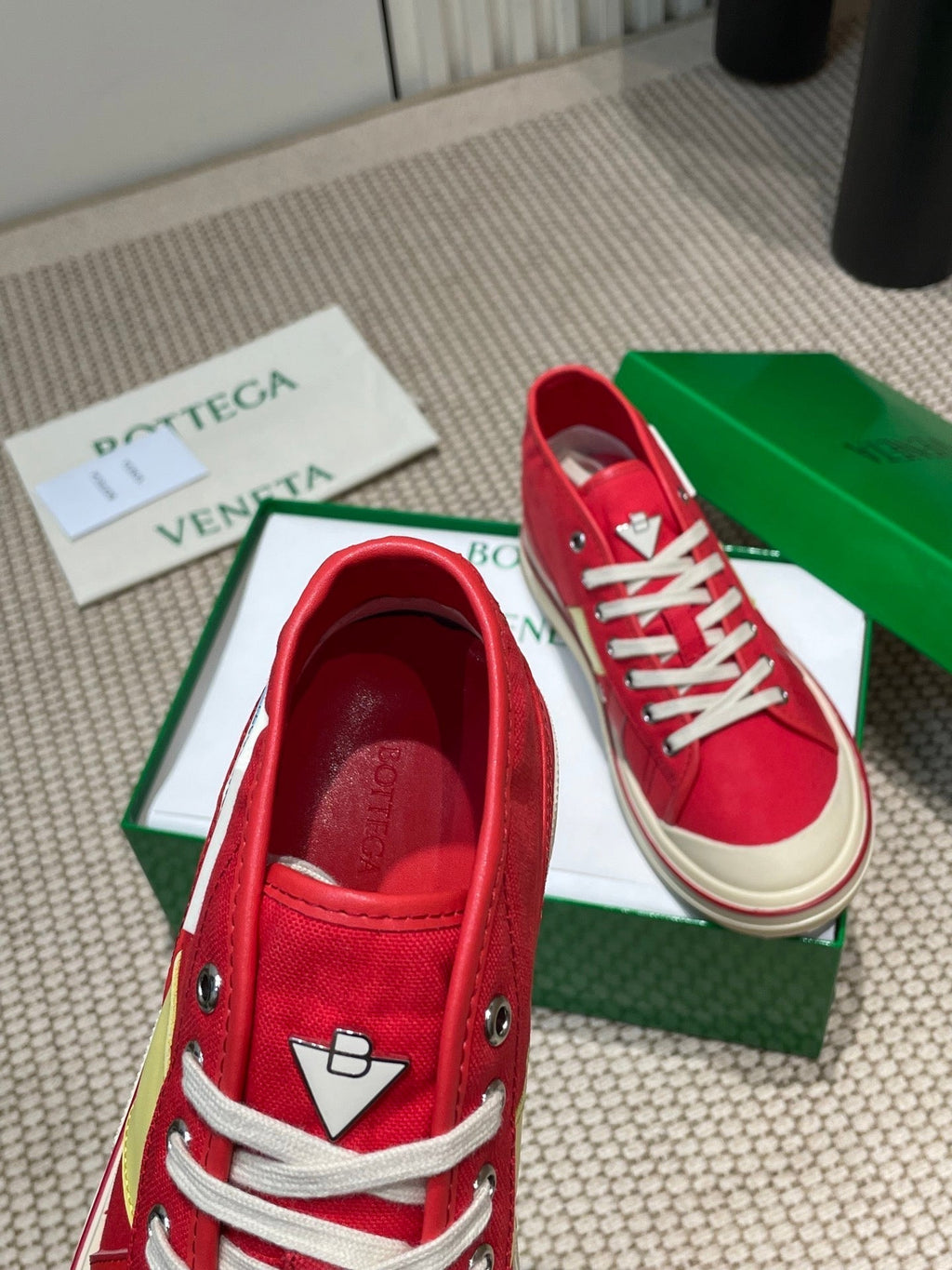 BOTTEGA VENETA ELIOT SNEAKER IN CHERRY RED CANVAS AND CALFSKIN