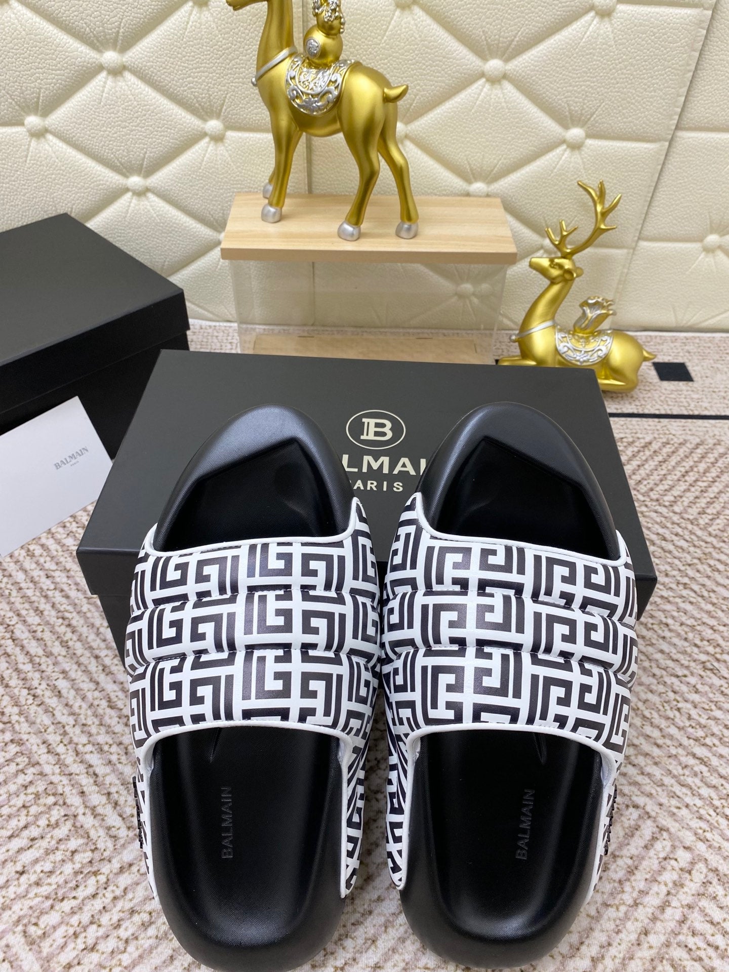 BALMAIN 25S BALMAIN MULES IN BLACK AND WHITE CALFSKIN
