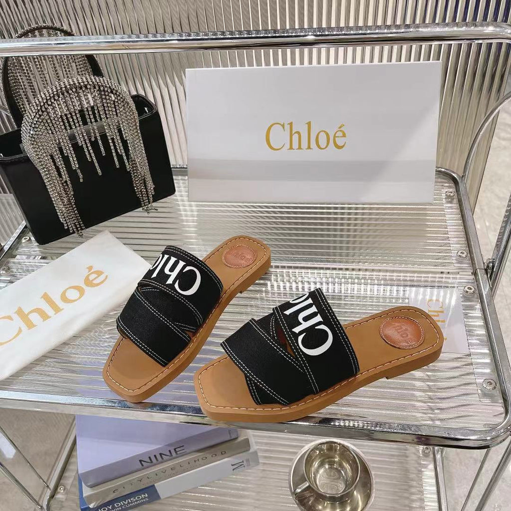 WOODY MULE IN BLACK DENIM WITH WHITE LOGO