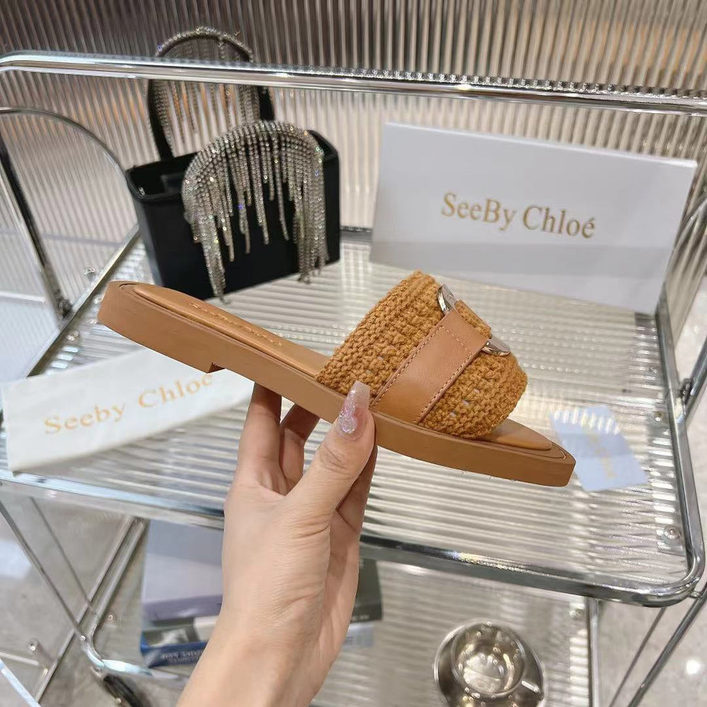 WOVEN SLIDE MULE IN RUSSET BROWN WOOL AND LAMBSKIN GOLD HARDWARE