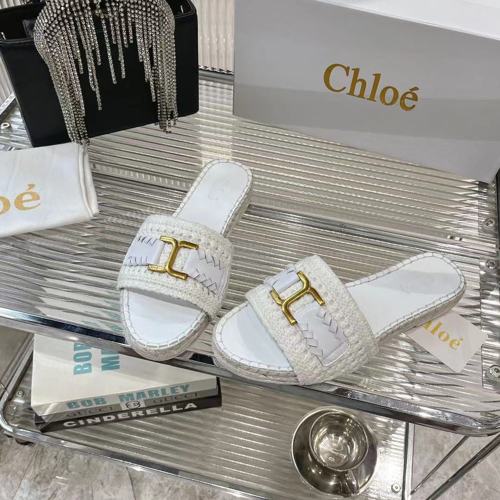 WOVEN SLIPPER IN WHITE WOOL AND LAMBSKIN GOLD HARDWARE