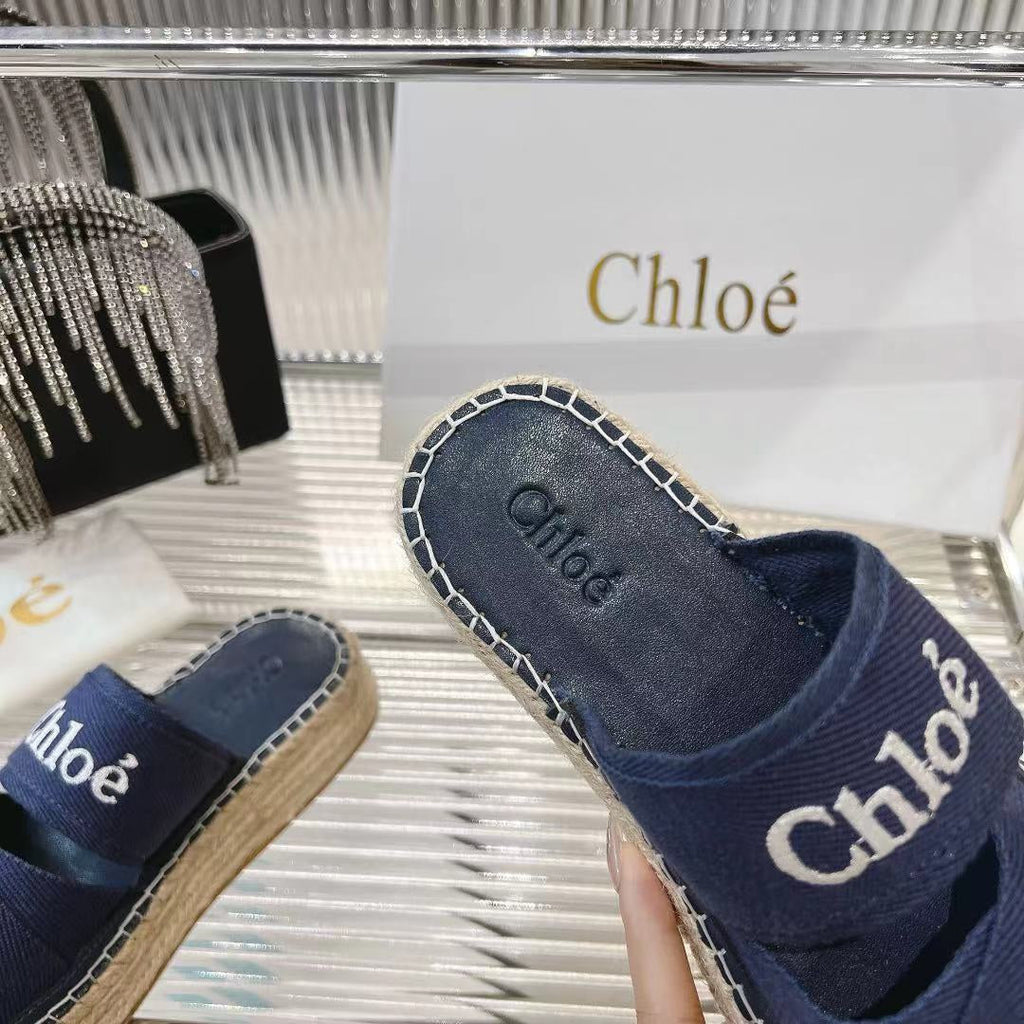 MILA PLATFORM 5 CM IN NAVY BLUE FABRIC AND BEIGE RAFFIA