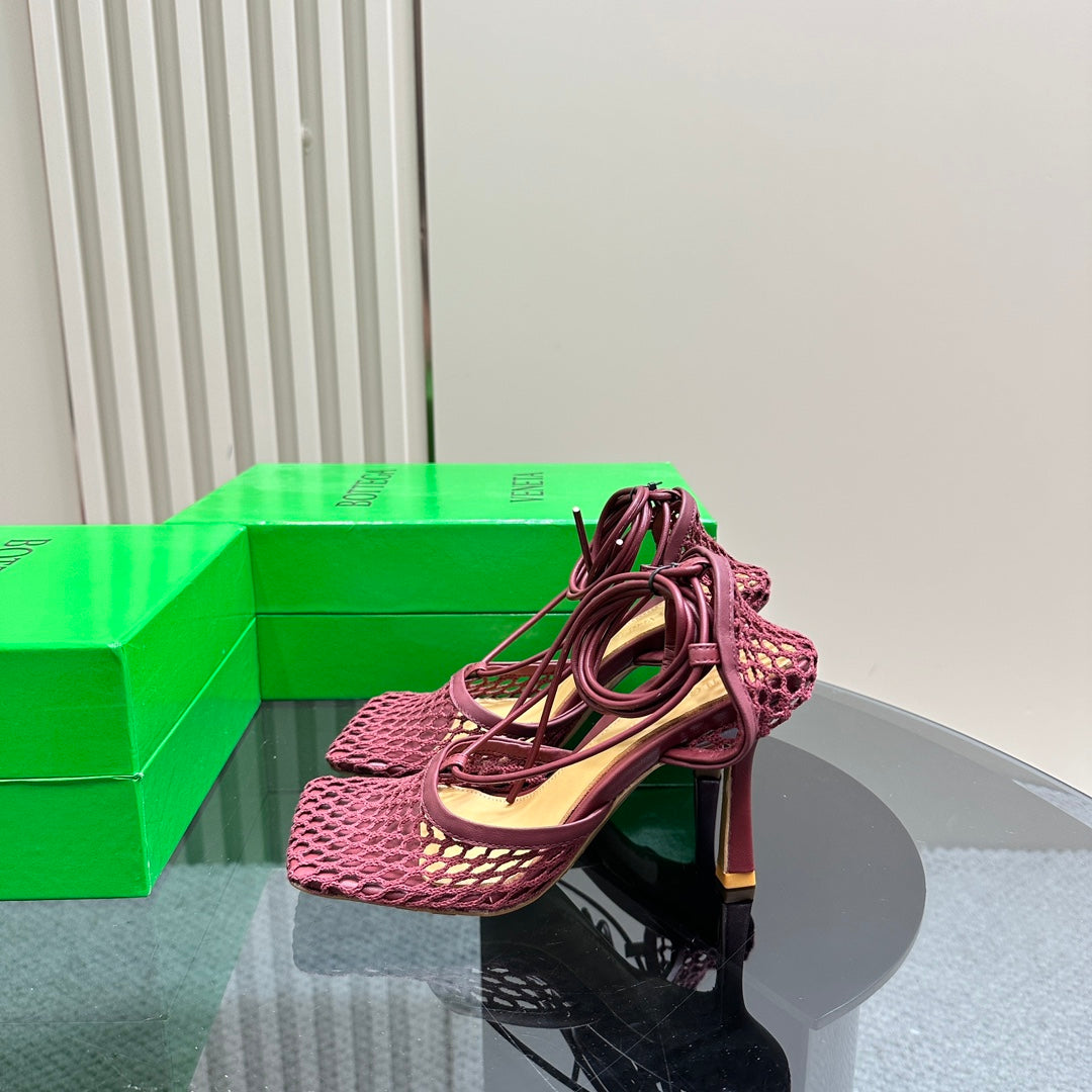 BOTTEGA VENETA STRETCH HIGH HEELS 9 CM IN SANGRIA RED METALLIZE MESH AND LEATHER