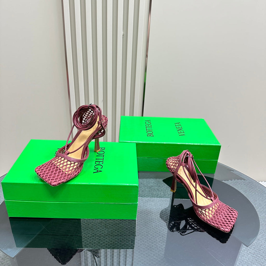BOTTEGA VENETA STRETCH HIGH HEELS 9 CM IN SANGRIA RED METALLIZE MESH AND LEATHER