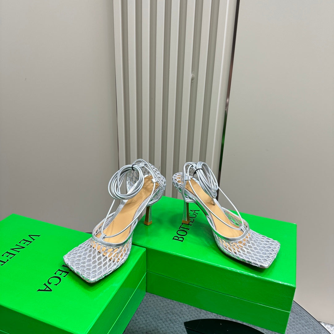BOTTEGA VENETA STRETCH HIGH HEELS 9 CM IN SILVER METALLIZE MESH AND LEATHER