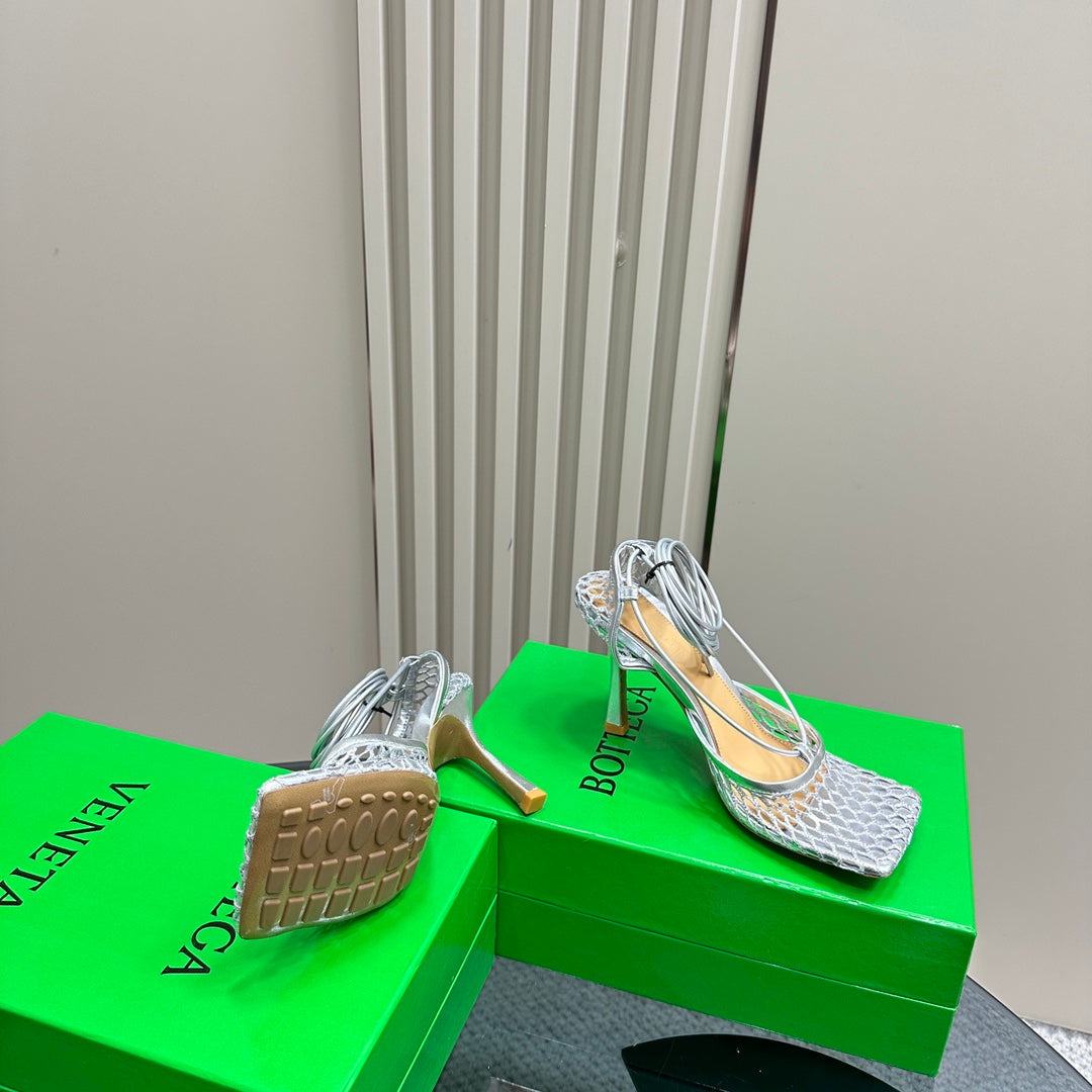 BOTTEGA VENETA STRETCH HIGH HEELS 9 CM IN SILVER METALLIZE MESH AND LEATHER